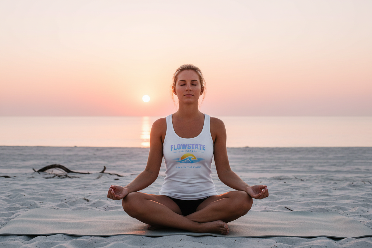 Blonde woman in white Flowstate tank at sunrise