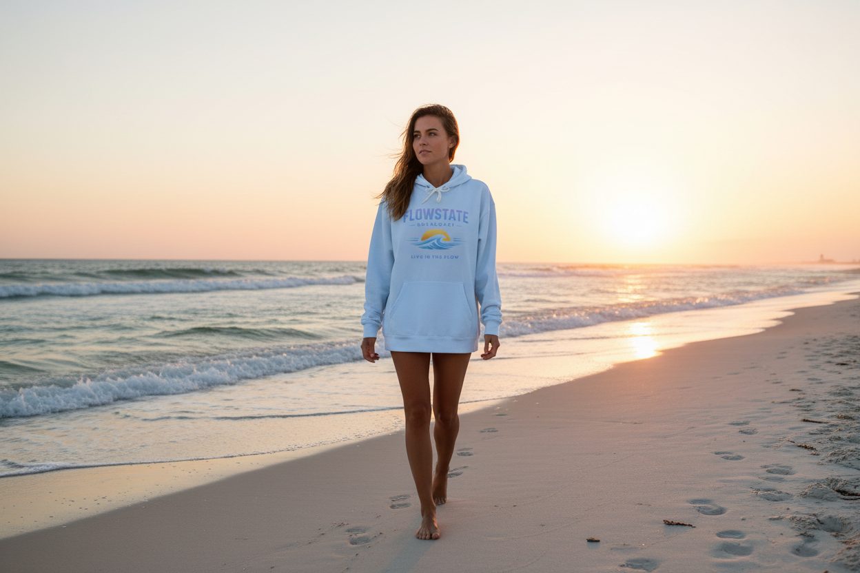 Model wearing Live in the Flow Hoodie on Florida beach