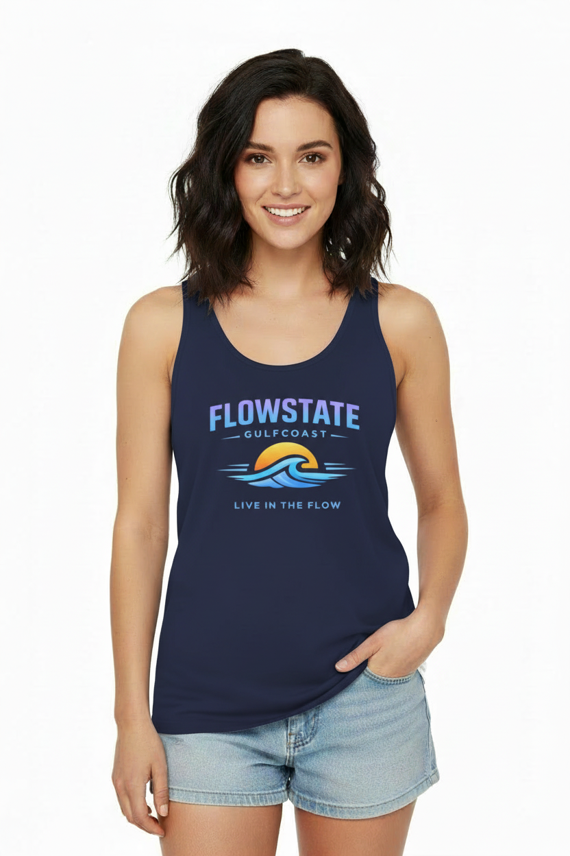 Model wearing navy FLOWSTATE tank on white background